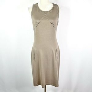 Joseph Ribkoff Sheath Dress Size 6 Taupe Beige Silver Studded Open Back Stretch